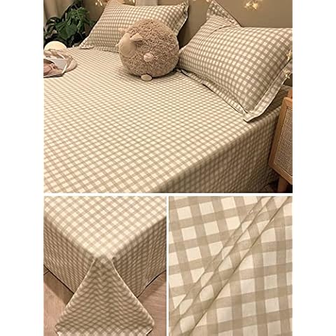 Houseri White and Brown Plaid Sheet Full Khaki Grid Buffalo Plaid Bed Sheet 1 Piece Flat Sheet Full Size(No Pillowcases) Cover