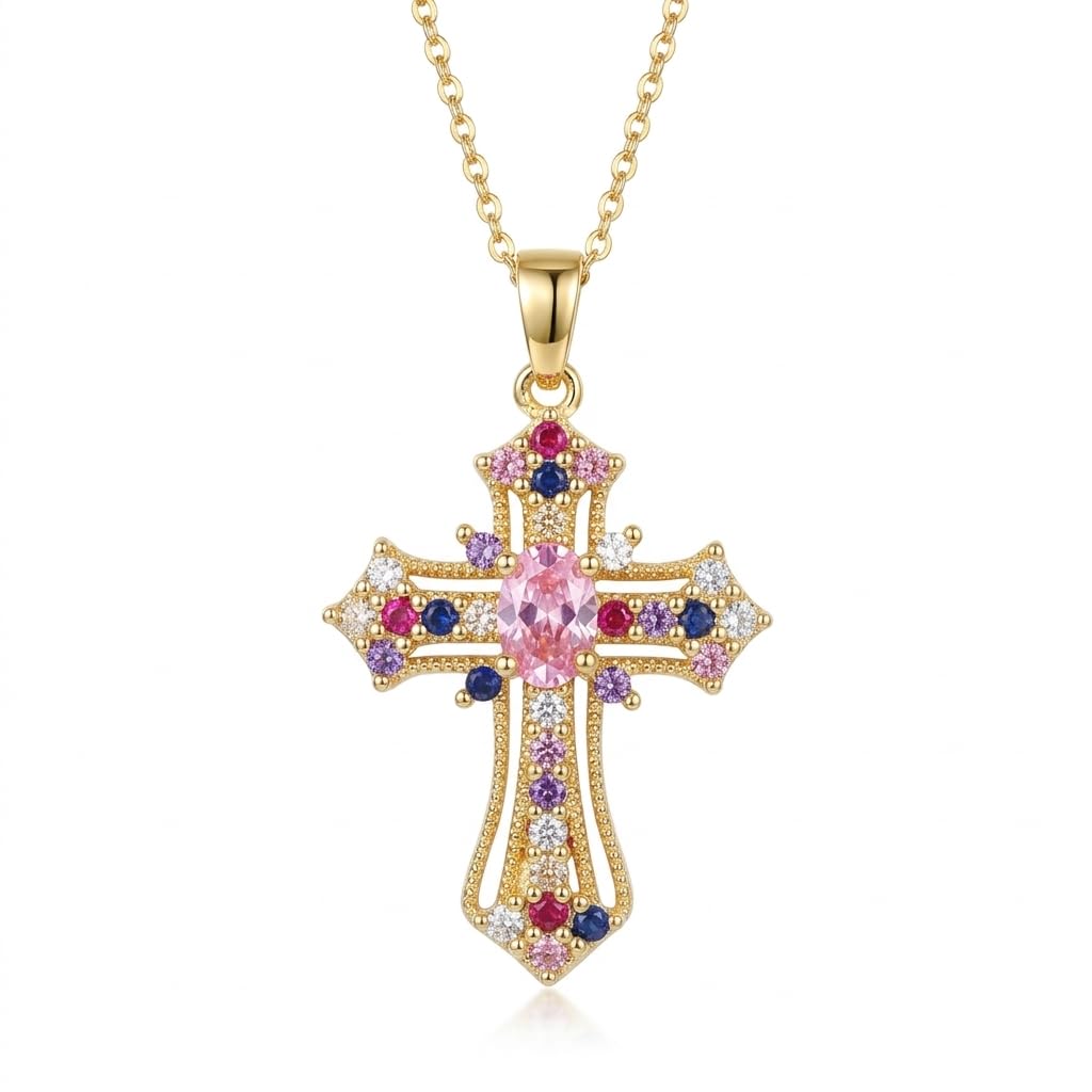 Vintage 18K Gold Plated Multi-Gemstone Cross Pendant Necklace | Colorful Crystal Byzantine Crucifix Jewelry for Women | Boho Royal Filigree Religious Statement Charm | Gift for Women & Girls-image-39
