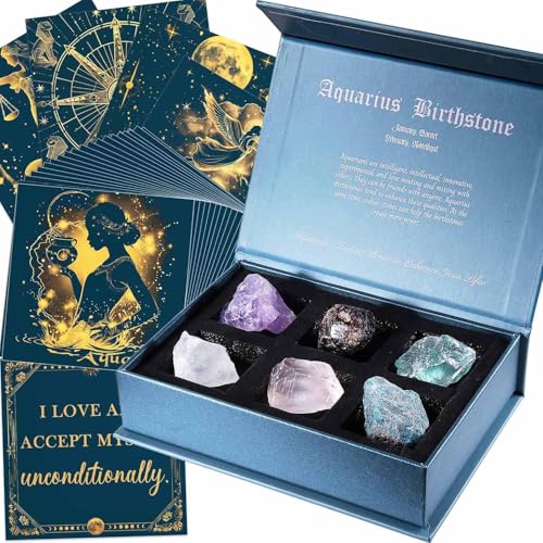 Faivykyd Aquarius Crystals Gift for Women - 6 Aquarius Zodiac Stones w/ 50 Miracle Mantras Affirmation Cards, Healing Astrology Gifts for Promoting Positive Energy, Self-Care & Love