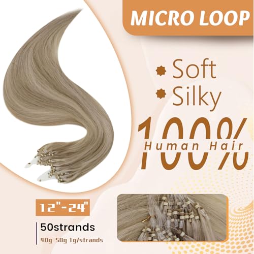 RUNATURE Micro Beads Hair Extensions Real Human Hair Blonde Micro Loop Hair Extensions Human Hair 20 Inch Ash Brown Highlight Platinum Blonde 50g 50s #p8/60 - Image 2