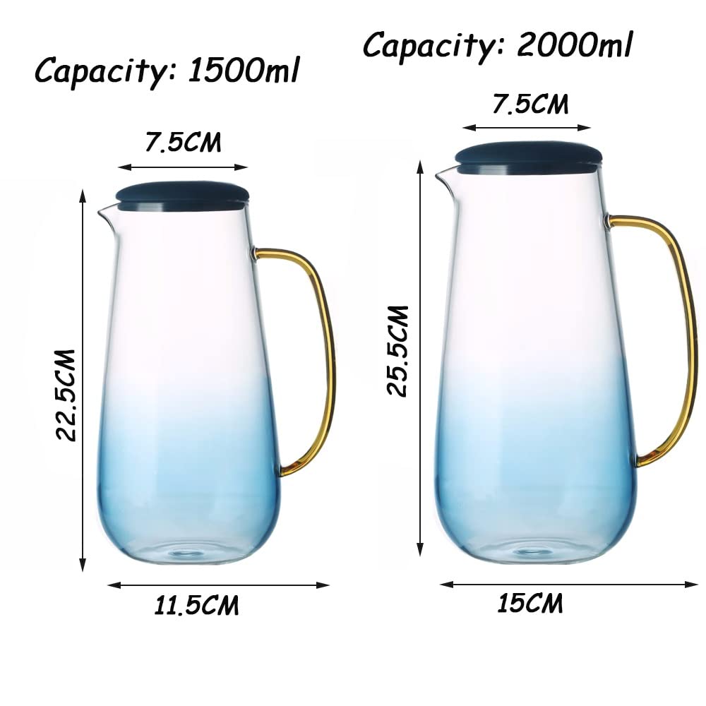 Nff Jarra De Cristal, Jarra De Agua De Cristal De 1,5 L con Tapa, Azul Degradado con Asa Jarra De Cristal Adecuada For Té, Zumo, Café, Limonada (Size : 2L)
