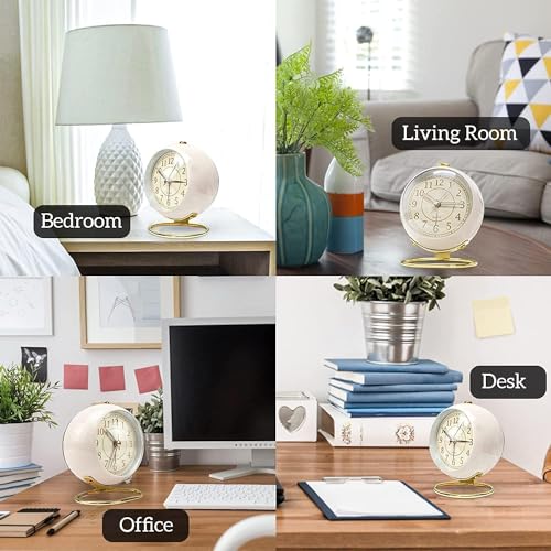 Image of Alarm Clock Analog Table Clock with Twin Bell Design and Numbered Dial, Desktop Timepiece (Retro Metal Desk Clock White)