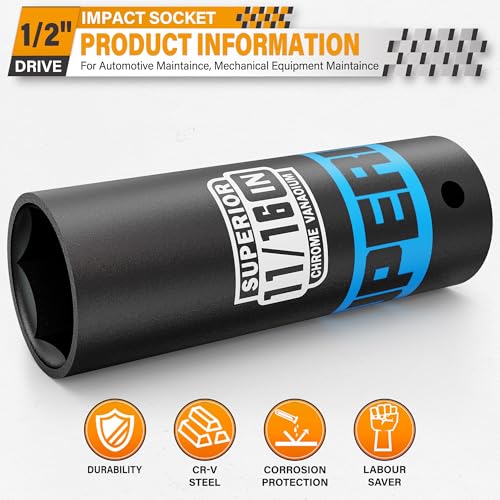 Image of 1 /2 inch Drive Impact Socket, 11 /16 inch Deep Socket, SAE, 6 Point, CR-V, for Car Repair, Loosen the Fastening Nut
