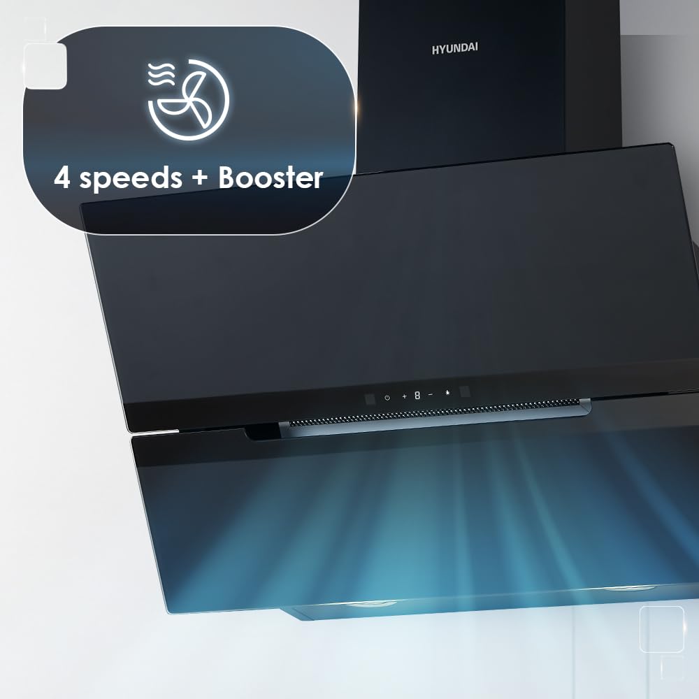 Hyundai Campana Extractora Decorativa Inclinada 70cm, Cristal negro, HCDE70DCB00. Potencia 831m3/h, 3 Velocidades, 2 Filtros, 64 dB Nivel Sonoro, Control Táctil, Filtros aptos para Lavavajillas