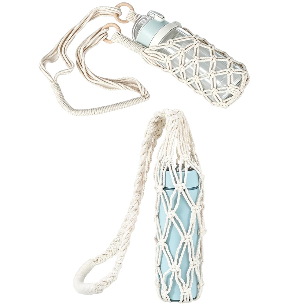 SUPERFINDINGS 2Pcs 2 Styles Macrame Water Bottle Carrier Crochet Water Bottle Holder Macrame Wine Bottles Hanger Crossbody Handmade Boho Drink Bottles Sling with Strap for Hiking Walking Everyday Use
