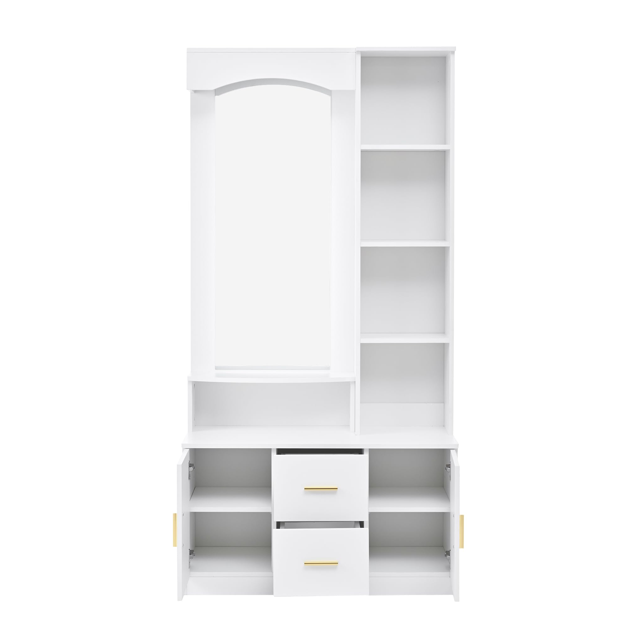 Juego de Perchero 90x40x180 cm Conjunto de Perchero Entrada Recibidor con Espejo y Estante, Perchero de Pasillo con 2 Cajones y Almacenamiento, Mueble de Entrada Multifuncional, Blanco