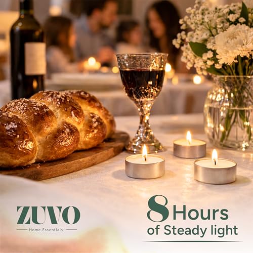 Image of Zuvo Tea Lights Candles 8 Hour Burn (100 Pack) - Unscented White Tealight Candles, Long Burning Smokeless Tea Lights for Weddings, Home, Shabbat, Emergency - European Made, Lead-Free Cotton Wick