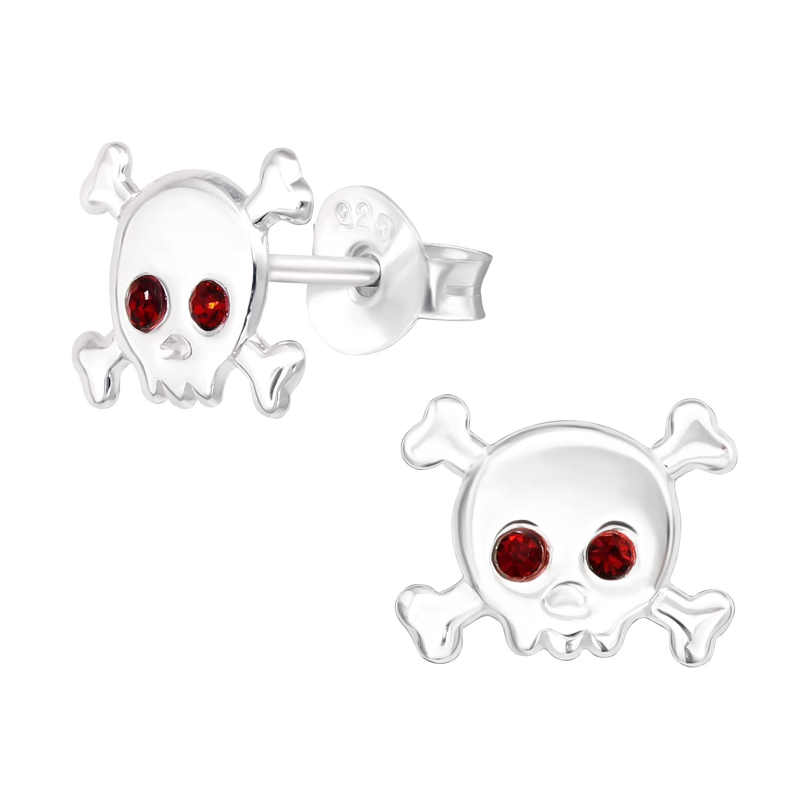 Orecchini A Lobo Teschio E Tibie Incrociate In Argento 925 - Extra Small Con Occhi In Cristallo Nero, 0,7x0,5 Cm