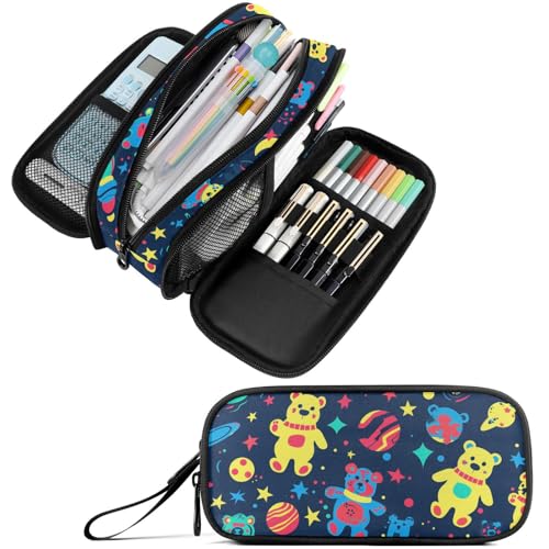 Image of Fustylead Vibrant Colorful Space Bears and Moon Stars Big Capacity Pencil Pen Case Multi-Purpose Organizer for Office College School Hiking Travel