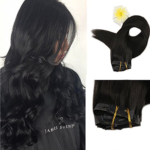 [Promotion]Full Shine 8 Pieces 22" 120g Color #1B Off Black Thick Clip on Human Hair Extensions Skin Weft Seamless Clip in Hair Extensions Full Head Clip Ins Skin Weft Invisible Remy Hair Extensions