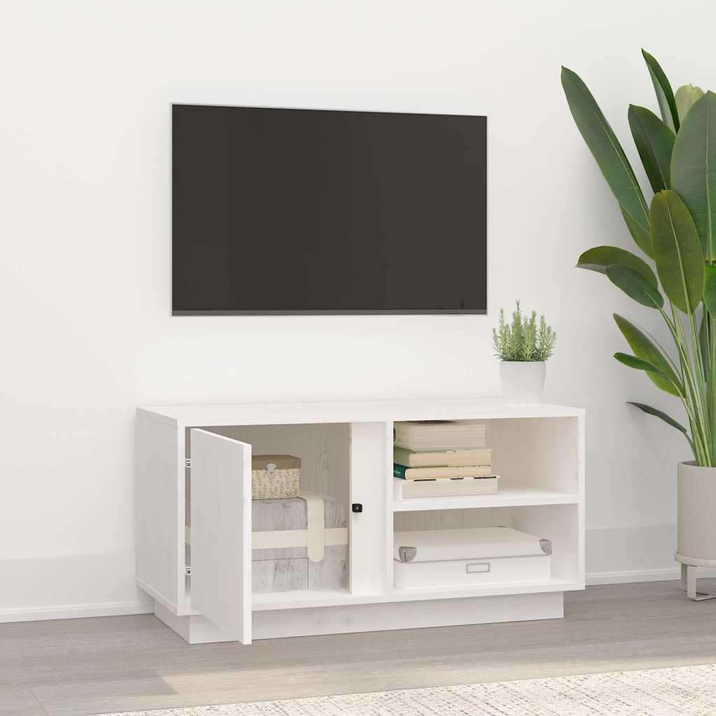Biała szafka pod telewizor z litego drewna sosnowego, 80 x 35 x 40,5 cm, z miejscem do przechowywania, 3 półki i drzwiami, szafka do salonu na stolik pod telewizor, szafka pod telewizor