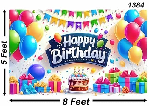Image of Backdropon Balloon with Cake and Gift Themed Happy Birthday Design Backdrop for Birthday Decoration Traditional /Background Curtain Cloth for Party /Festival Size 5 Feet Height and 8 Feet Width(5 * 8)