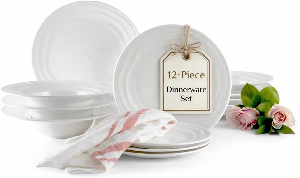 Pots & Patterns Natural Waves Premium Bone China Dinnerware Sets, Service for 4 (12-Piece), White Plates and Bowls Sets, Chip-Resistant Fine Porcelain Dinnerware - Wedding Registry Gift