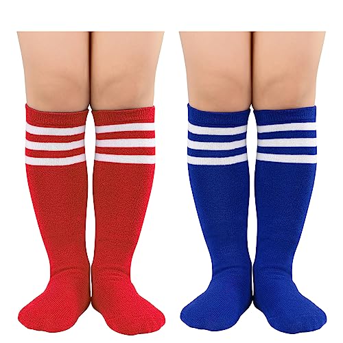 Image of Zando Toddler Soccer Socks Boys Girls Knee High Striped Tube Socks Kids School Uniform Dress Socks Athletic Long Socks, B Blue White & Red White, 3-6 Years