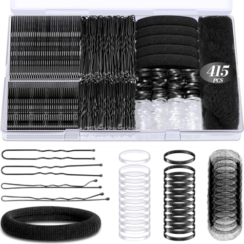 IKOCO 415pcs Bobby Pins Set U Shaped Pins with Elastic Hair Ties and Hair Net for Women Black