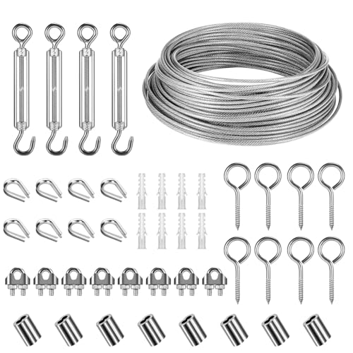 Rubessia 30m Φ 3mm Kit de cables de acero inoxidable para colgar, cable de acero recubierto de PVC con Tensor Cuerda M5 para plantas trepadoras, tendedero exterior, lámpara colgante