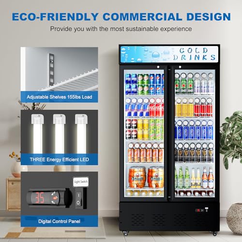 Image of Commercial Display Refrigerator Glass Door 30 cu.ft Commercial Beverage Refrigerators with LED and Shelves for Cafe, Restaurant, Store