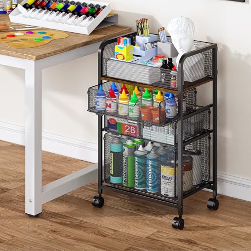 Image of 4-Tier Rolling Utility Cart with 3 Drawers-Craft Organizers and Storage with 360 Lockable Wheels,Art Supply Storage Organizer for Art Supplies, Store for Brushes & Paints & Artifacts Patent Pending