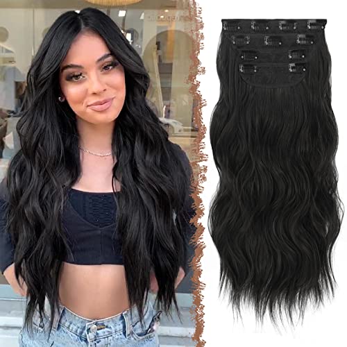 FESHFEN Extensiones de Clip de Pelo   4 PCs Ondulado Extensions con Clips Negro Natural Extensiones de Cabello Postizo Sintético Rizado Extensión de Cabello para Mujer 50 cm