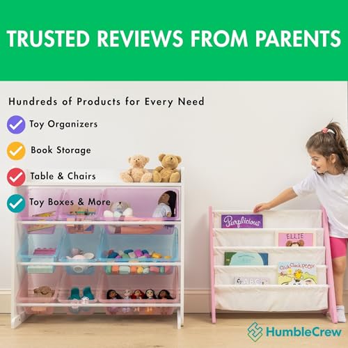 Image of Humble Crew Kids Bookshelf, 4-Tier Front-Facing Book Display Organizer, Montessori Toddler Bookcase for Playroom, Bedroom & Reading Corner, Pink /White
