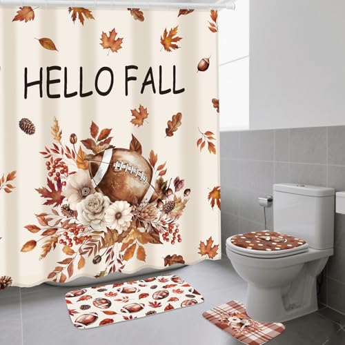 Mindsoft 4 Pcs Hello Fall Shower Curtain Sets 72 x 72 Autumn Football Bathroom Curtain Set with Maple Leaf Non-Slip Rugs Toilet Lid Cover Bath Mat and 12 Hooks for Farmhouse Country Bathroom Decor