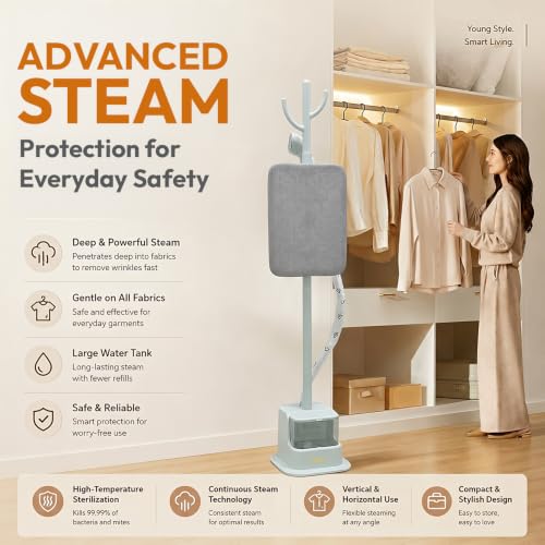 Image of Toree Standing Garment Steamer for clothes -2000 Watts power, 1.8LTR water tank, 3 steam settings, up to 40 g /min steam output, Adjustable Iron board & Pole -Blue