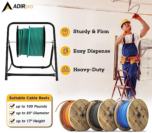 Image of AdirPro Rugged Single Axle Cable Caddy - Industrial Grade Steel Wire Dispenser - Easy Use Cable Holder & Distribution for Workplace Efficiency (Black)