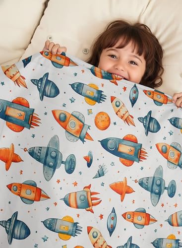 Image of FRESH FROM LOOM Rotary Printed Micro Fiber Comforter | Dohar | Quit | Double Bed | Double Weaved | Washable | Hypoallergenic Skin Friendly (White-Rocket | 90 x 95 Inch)