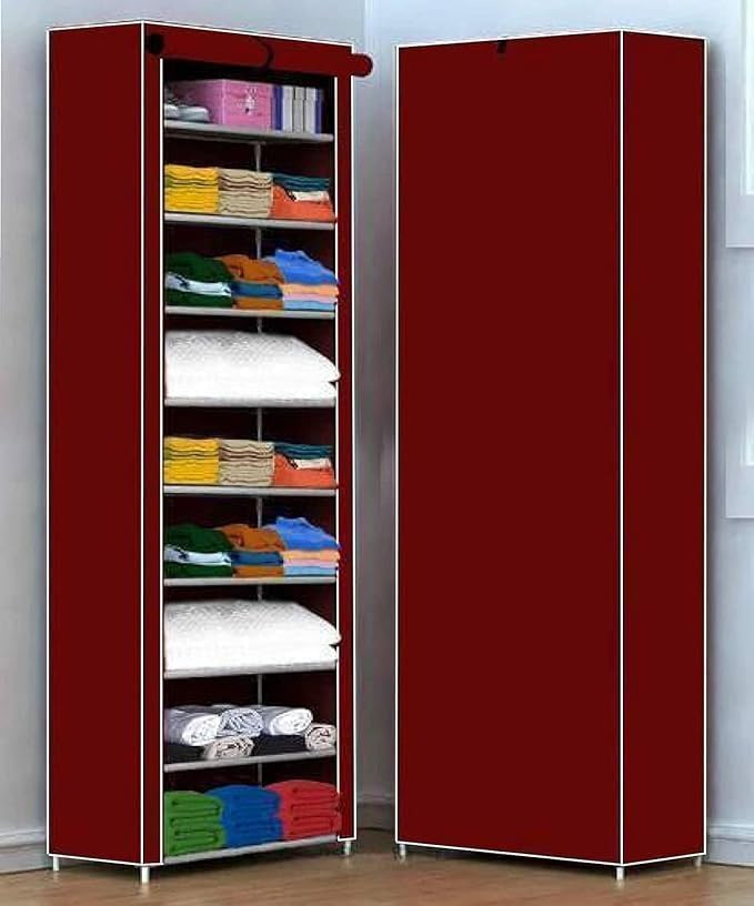 Image of YouCopia Foldable Fabric Wardrobe Closet with Shelves & Zipper Cover - Portable Storage Organizer Cabinet for Clothes, for Bedroom & Home Storage (Maroon, 9 Tier)