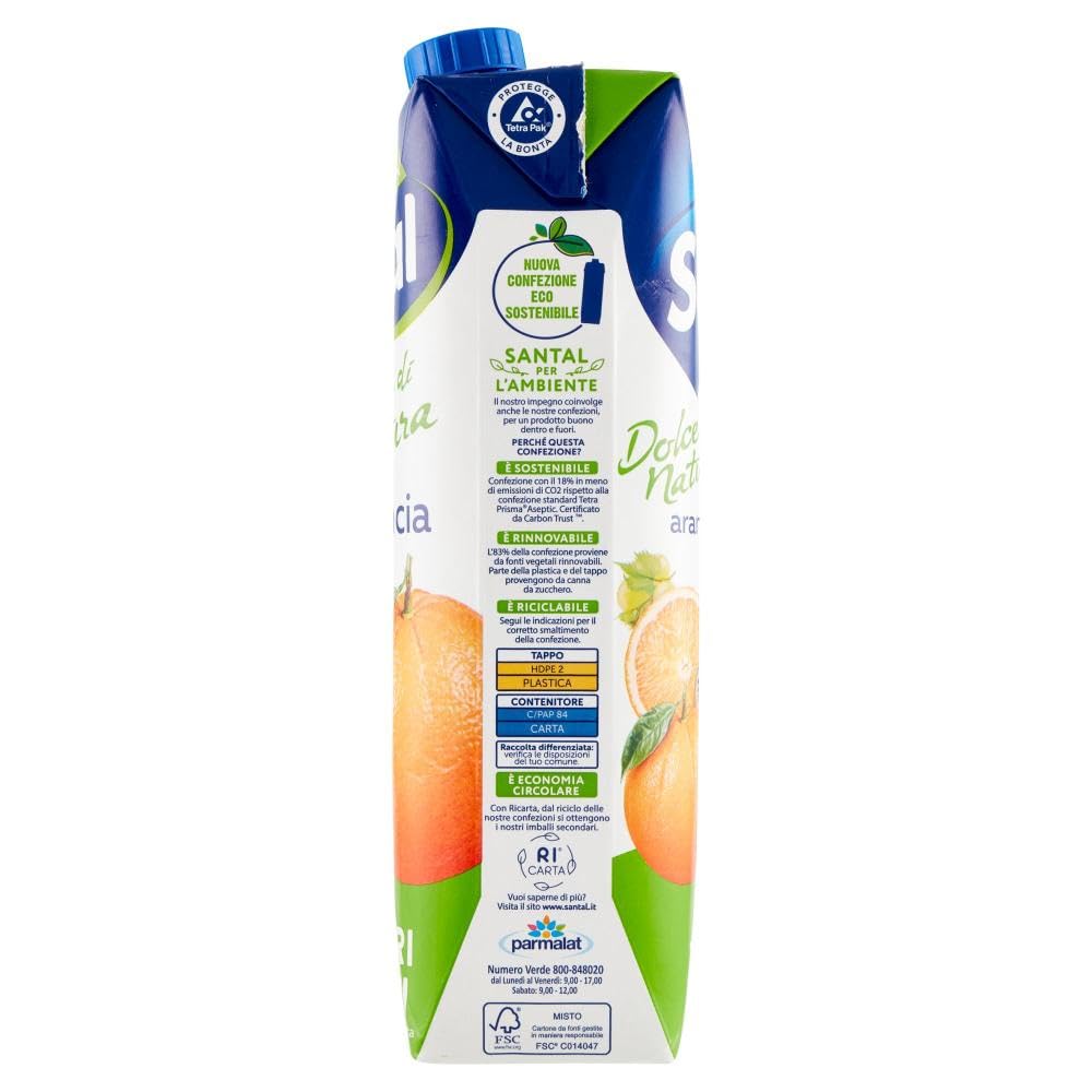 Santal Dolce Natura Succo Naturale Arancia Senza Zuccheri Aggiunti, 1L, Confezione da 12 Brick