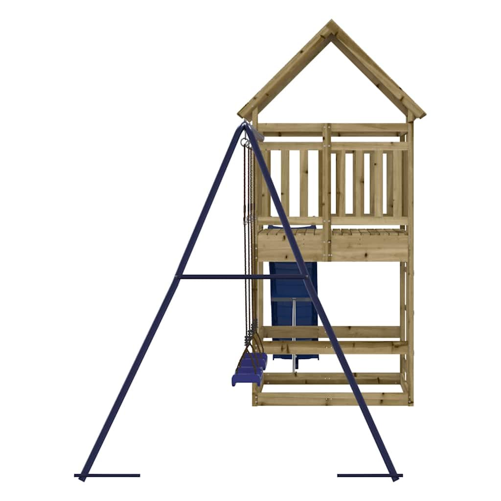 Spielturm aus imprägniertem Kiefernholz mit Wellenrutsche, Doppelschaukel, Sandkasten und Klettergerüst für Garten, Outdoor Kinderspielplatz mit sicherem Holzgeländer und stabilem Rahmen