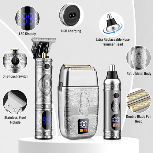 Image of Saoilli Professional Hair Trimmer Hair Clippers for Men, Nose Hair Trimmer Shaver Set,Cordless T-Blade Beard Trimmer Barber Clippers,Electric Razor Foil Shavers for Men Haircut Grooming Kit(Silver)