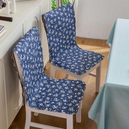 Image of HOMETHREADS Floral Cotton Chair Cover Set | Soft & Comfortable Seat Covers with Anti-Skid Non-Slip Backing + Waterproof Dining Table Cover (150x240 cm) (Navy White, 8 Chair Covers + 1 Table Cover)