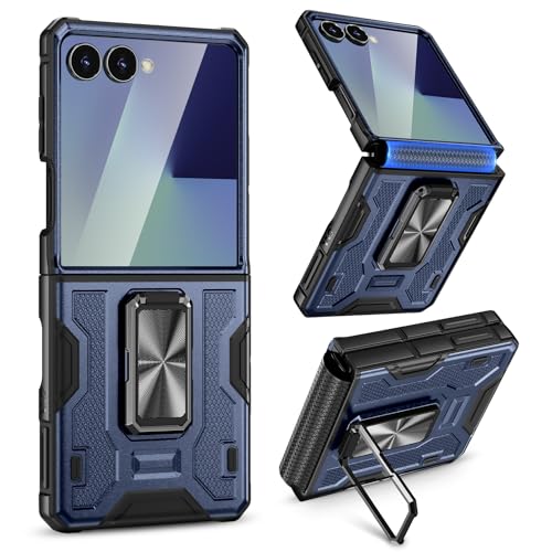 VEGO for Galaxy Z Flip 7 Case [Built-in Screen Protector][Anti-Scratch] [Hinge Protection] Military Drop Protection Ring Kickstand Phone Case for Samsung Galaxy Z Flip 7 5G 2025(Not for Flip 7FE)-Blue
