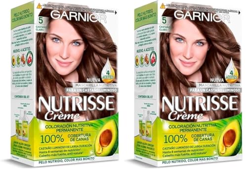 Garnier Nutrisse Creme Coloración Nutritiva Permanente, Tinte 100% Cobertura de Canas con Mascarilla Nutritiva de 4 Aceites - Tono 5 Castaño Claro (Paquete de 2)