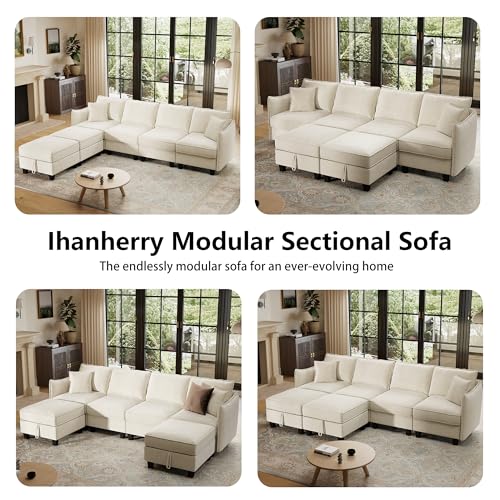 Image of Ihanherry 112 inch Modular U-Shaped Sectional Sofa, Modern 6-Seat Cloud Couch with 2 Storage Ottomans, Comfy Chenille Convertible Furniture Set for Living Room, Apartment, Easy Assembly, Beige