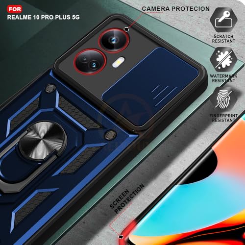 Image of Armor Bumper Back Cover Case for Realme 10 Pro Plus 5G Rotating Camera Cover, Ring Holder & Kickstand | Heavy Duty & 360 Degree Protection Realme 10 Pro Plus 5G Back Cover (Blue)