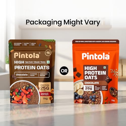 Image of PINTOLA 26g High Protein Oats 1kg, Dark Chocolate, No Refined Sugar, with Almonds, Raisins, Pumpkin & Chia Seeds, 9.6g Fibre, Rolled Oats for Weight Loss, Breakfast Cereals | Gluten Free