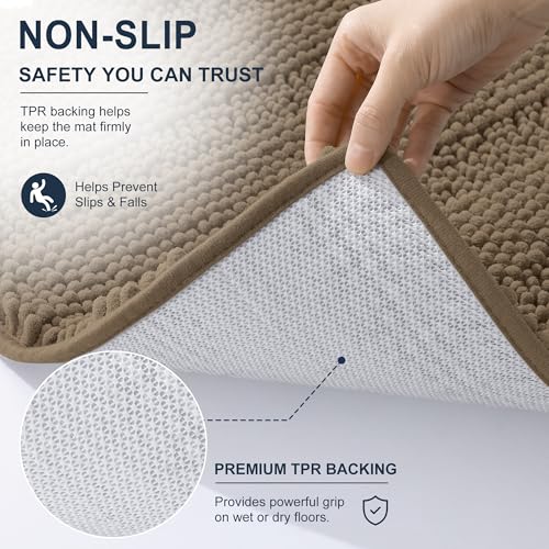 Image of Smiry Thick Small Chenille Bathroom Rugs 24x16, Extra Soft Absorbent Striped Bath Mat, Machine Washable, Rubber Backing, Bath Rugs for Bathroom, Tub & Shower, Modern Home Decor Accessories, Tan