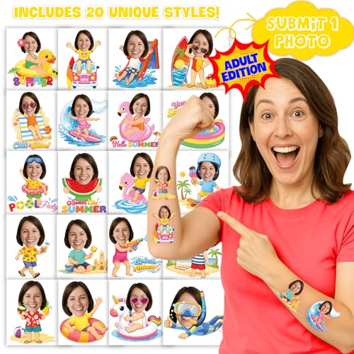 Image of Custom Summer Temporary Tattoos for Kids, Set of 20 | Personalized Pre-Cut Face Photo, Birthday Party Favors, Boys Girls, Summer Vacation