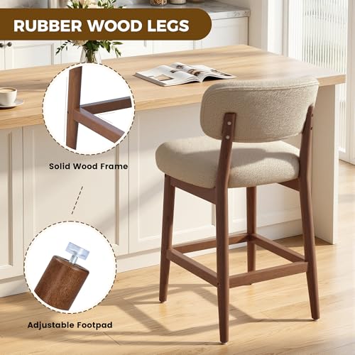 Image of Counter Height Bar Stools Set of 2, Mid-Century Modern Boucle Bar Chairs with Solid Wood Frame, Fluffy Upholstered Stools with Backrest for Kitchen Island, Home Bar, Oatmeal