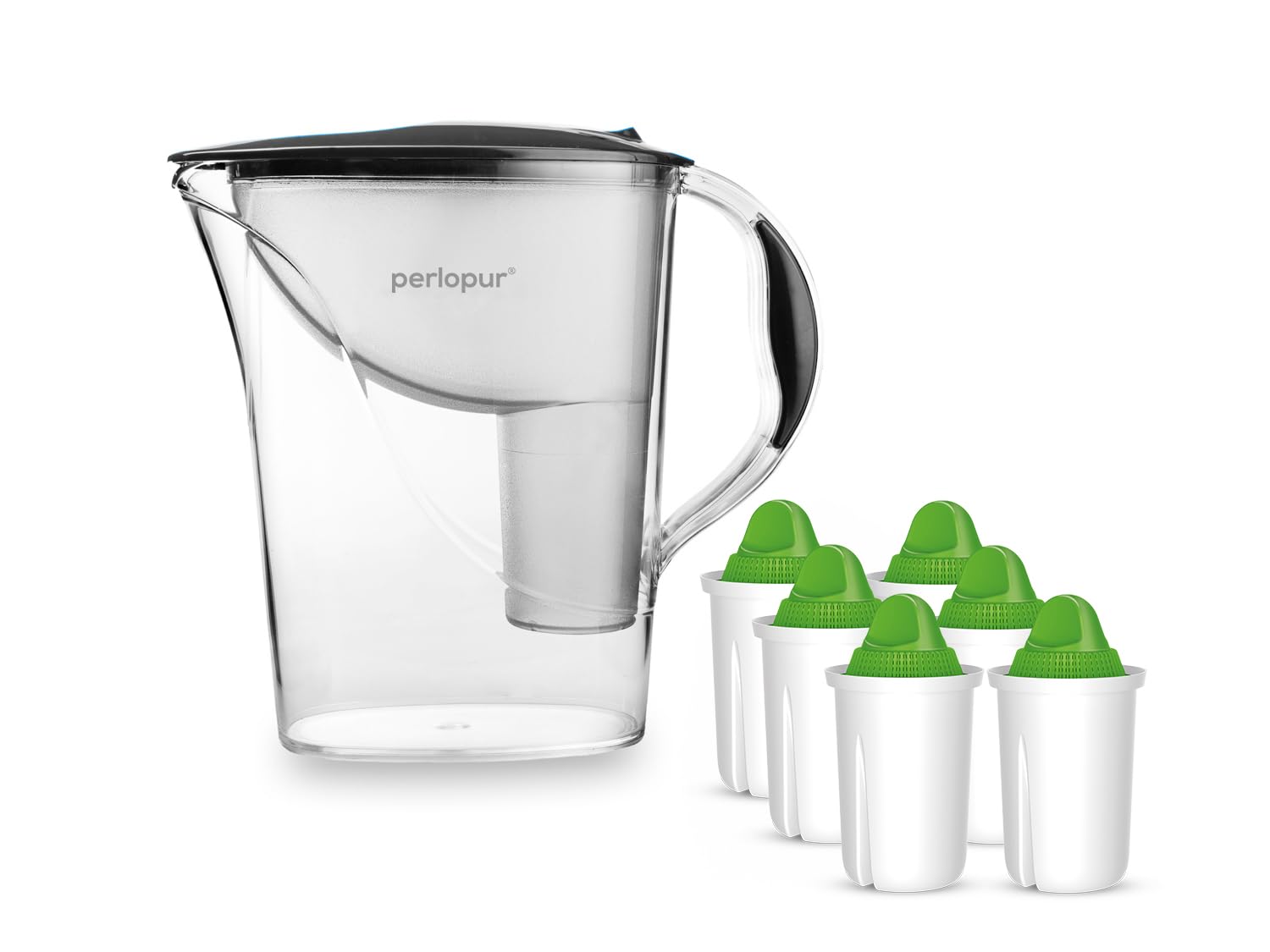 PearlCo - Standardowy filtr do wody (antracyt) z 6 wkładami filtrującymi alkalicznymi Classic (woda) – pasuje do Brita Classic
