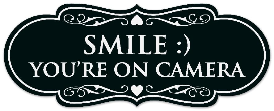 Signs ByLITA Designer Smile You're on Camera Sign - Easy Installation | Durable Wall or Door Sign (Black) - Medium