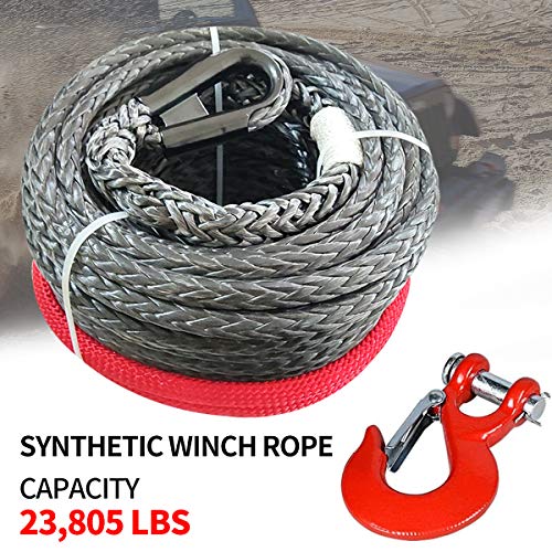 RUGCEL WINCH 3/8\" x 80\' Synthetic Winch Rope with Hook, Winch Cable with Protective Sleeve, Car Tow Recovery Cable for 4WD Off Road Vehicle Truck ATV UTV SUV(23,805 LBS Breaking Strength, Red Hook)