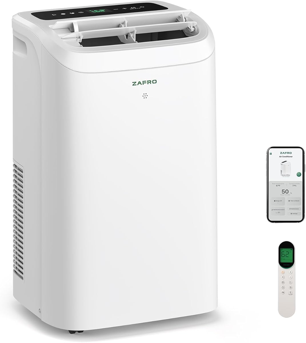 ZAFRO Portable Air Conditioners-14,000 BTU (10,000 BTU SACC) Smart AC Ultra-Quiet(46dB),Voice/APP/Remote,24H Timer with Fan & Dehumidifier, Easy Installation Portable AC for Bedroom, Living Room