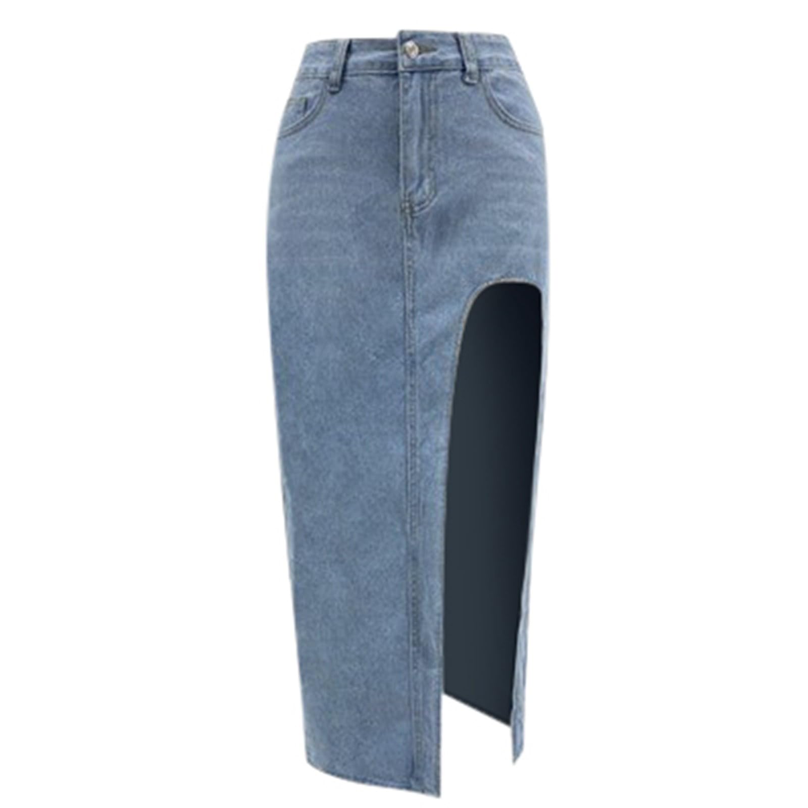 Jeansrock Damen Vintage Sommerrock High Waist Y2K Lang Jeansrock mit Vorderem Schlitz Denim Freizeitrock Midirock A-Linie Mit Tasche
