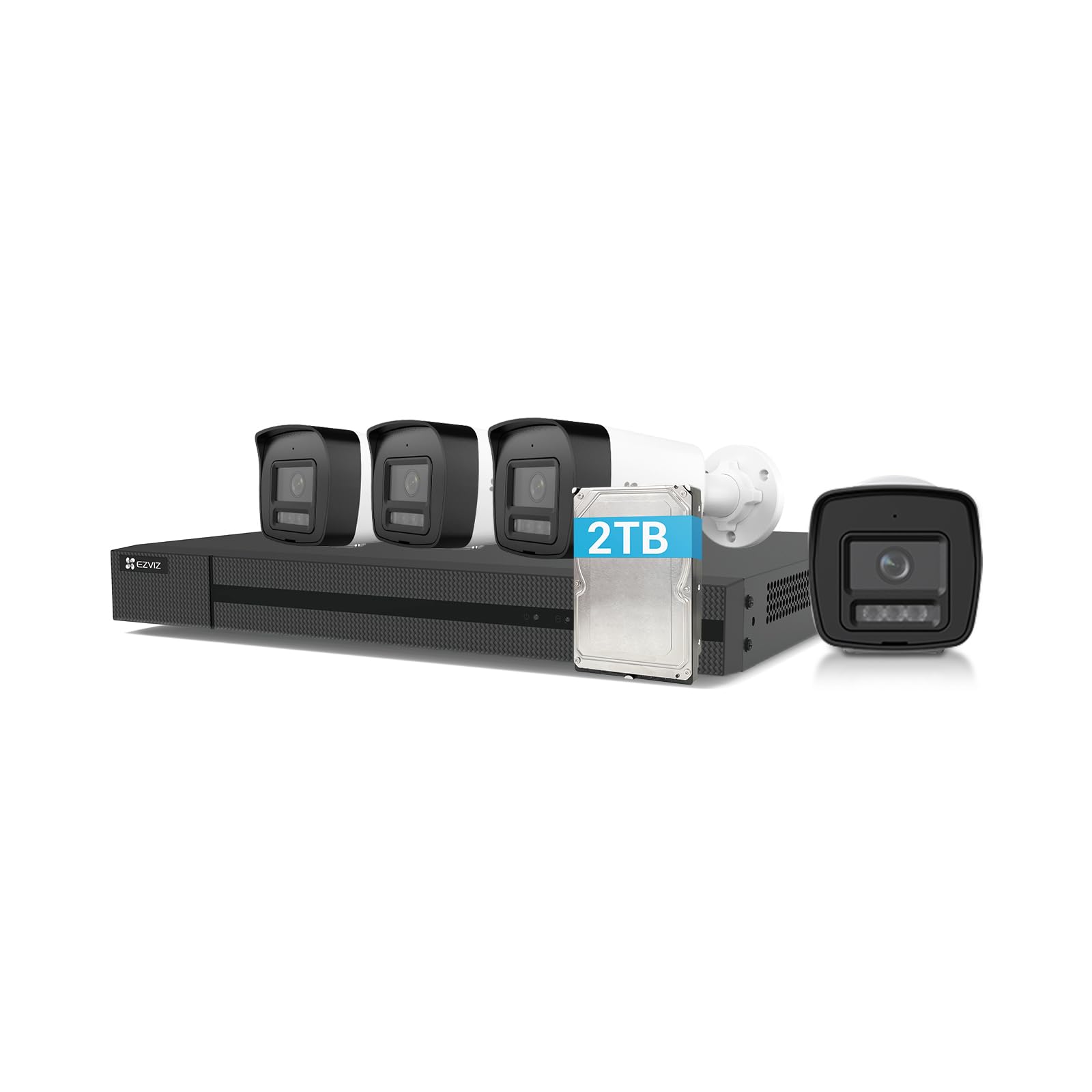EZVIZ 4K PoE Kit Telecamera da Esterno, 4K NVR 4CH 16TB + 4x 8MP Telecamera, Rilevamento di Uomo/​Veicolo, Visione Notturna a Colori, Impermeabile IP67, Registrazione 24/​7