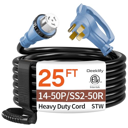 25FT 50 Amp Generator Cord NEMA 14-50P/SS2-50R Heavy-Duty 4 Conductors Cable Pure Copper STW RV Extension Cord Female Plug with Twist Lock Suitable for RV or Camper ETL Listed