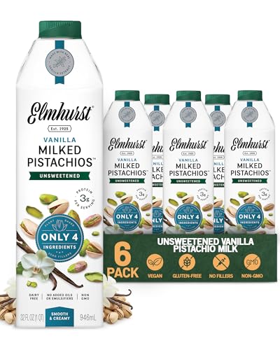 Elmhurst Bebida de nueces vegetales sin azúcar con pistacho y vainilla, vegana, sin gluten, sin azúcares añadidos, sin lactosa, cremosa, ideal para café y recetas
