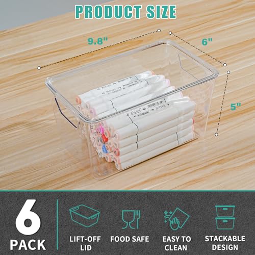 Image of 6 Pack Medium Clear Storage Bins with Lids, Acrylic Arts and Craft Storage Containers, Stackable Clear Plastic Craft Storage Bins with Handles for Pantry Organizers and Storage, Kitchen, Fridge,Office